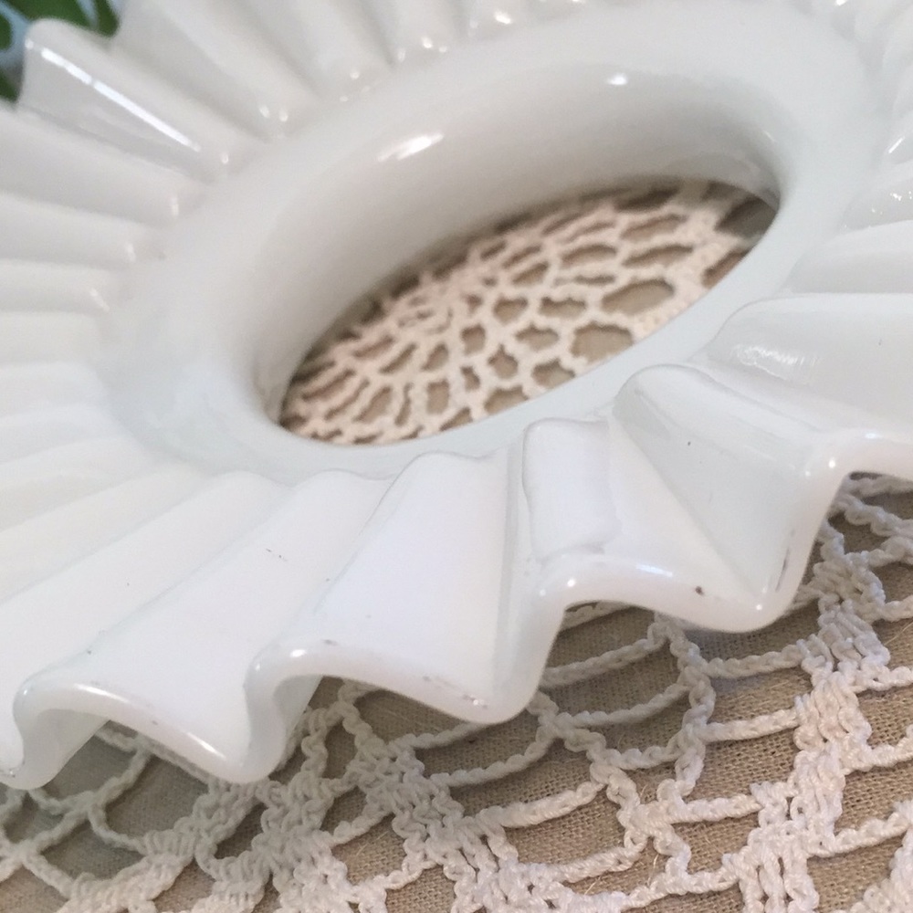 Antique Milk Glass Ruffled Oil Lamp Chimney Shade Topper - Picture 10 of 12